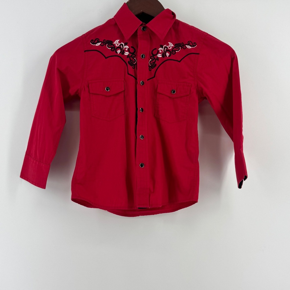 Ace of Diamond Boys Red Western Snap Shirt Embroidered Horseshoe Size 6 Rodeo